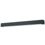 Kinkiet LED Ibros IP44 w kolorze czarnym o długości 120 cm i mocy 18W. Posiada prostokątną, minimalistyczną formę z widocznym źródłem światła w górnej części. Ujęcie frontalne, produkt zamontowany w poziomie na gładkim, jasnym tle.