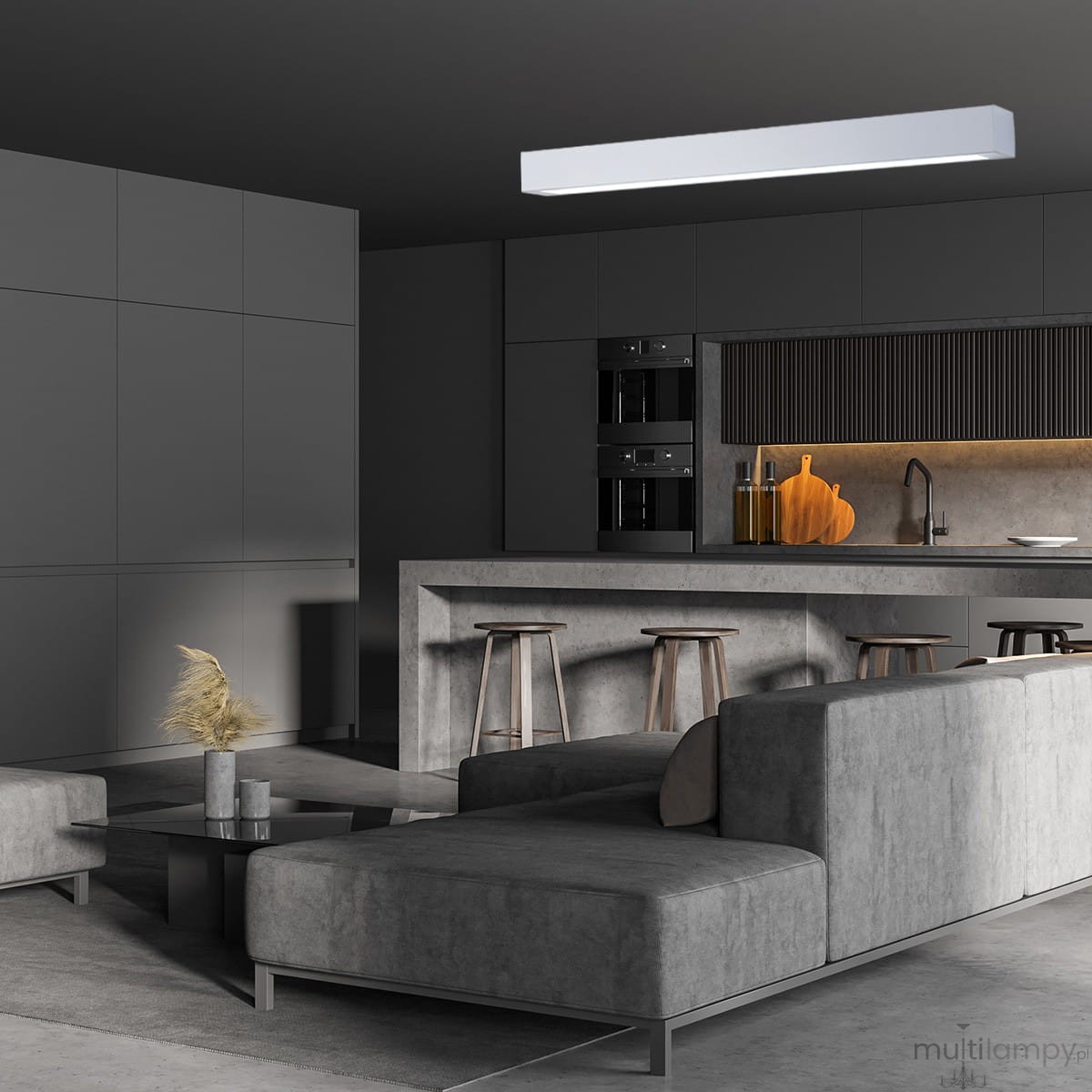 Lampa sufitowa LED Ibros IP44, biała, w kształcie prostokąta, zamontowana na suficie w nowoczesnej kuchni. Otoczenie w odcieniach szarości z drewnianymi stołkami oraz minimalistycznymi meblami.