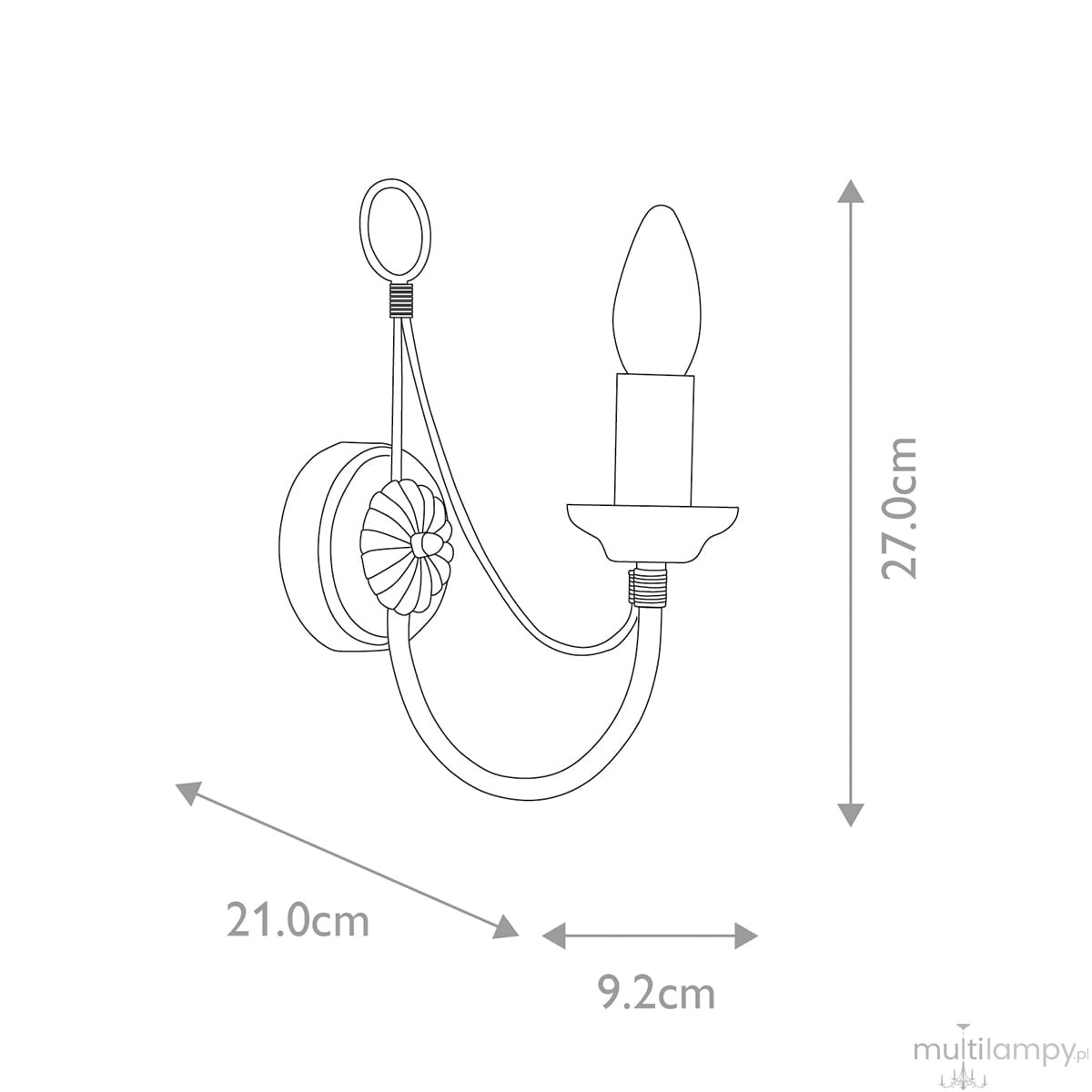 Czarny kinkiet Carisbrooke z jednym gniazdem E14, o wysokości 27 cm i szerokości 21 cm. Posiada dekoracyjny uchwyt z kwiatowym wzorem i zakrzywioną konstrukcję. Wymiary: 21 cm (szer.) x 27 cm (wys.) x 9,2 cm (gł.).
