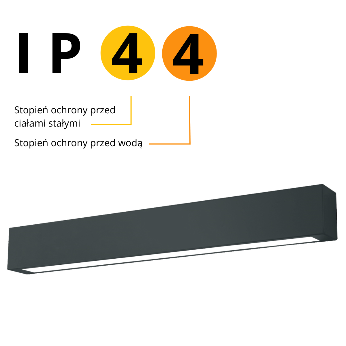 Czarna lampa sufitowa LED Ibros IP44, model L63/18W/CCT, o prostokątnym kształcie. Widoczny stopień ochrony IP44 przed ciałami stałymi i wodą. Lampa ma matową powierzchnię i jest zamontowana w pozycji poziomej.