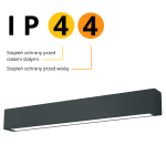 Czarna lampa sufitowa LED Ibros IP44, model L63/18W/CCT, o prostokątnym kształcie. Widoczny stopień ochrony IP44 przed ciałami stałymi i wodą. Lampa ma matową powierzchnię i jest zamontowana w pozycji poziomej.