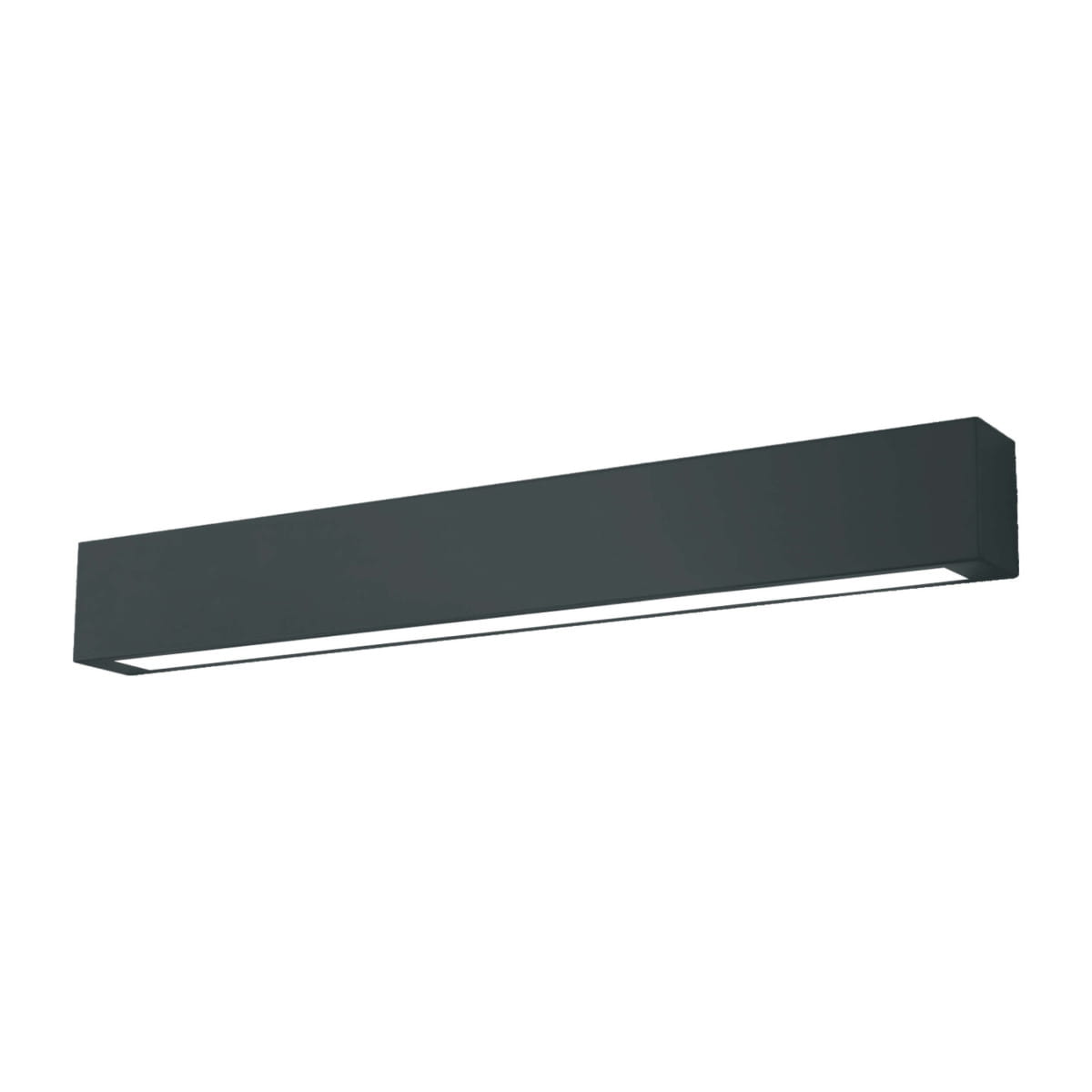 Czarna lampa sufitowa LED Ibros IP44 o wymiarach L63 cm i mocy 18W, prostokątna, z matowym wykończeniem. Produkt zamontowany w pozycji poziomej, z widocznym białym kloszem LED, idealny do wnętrz i na zewnątrz.