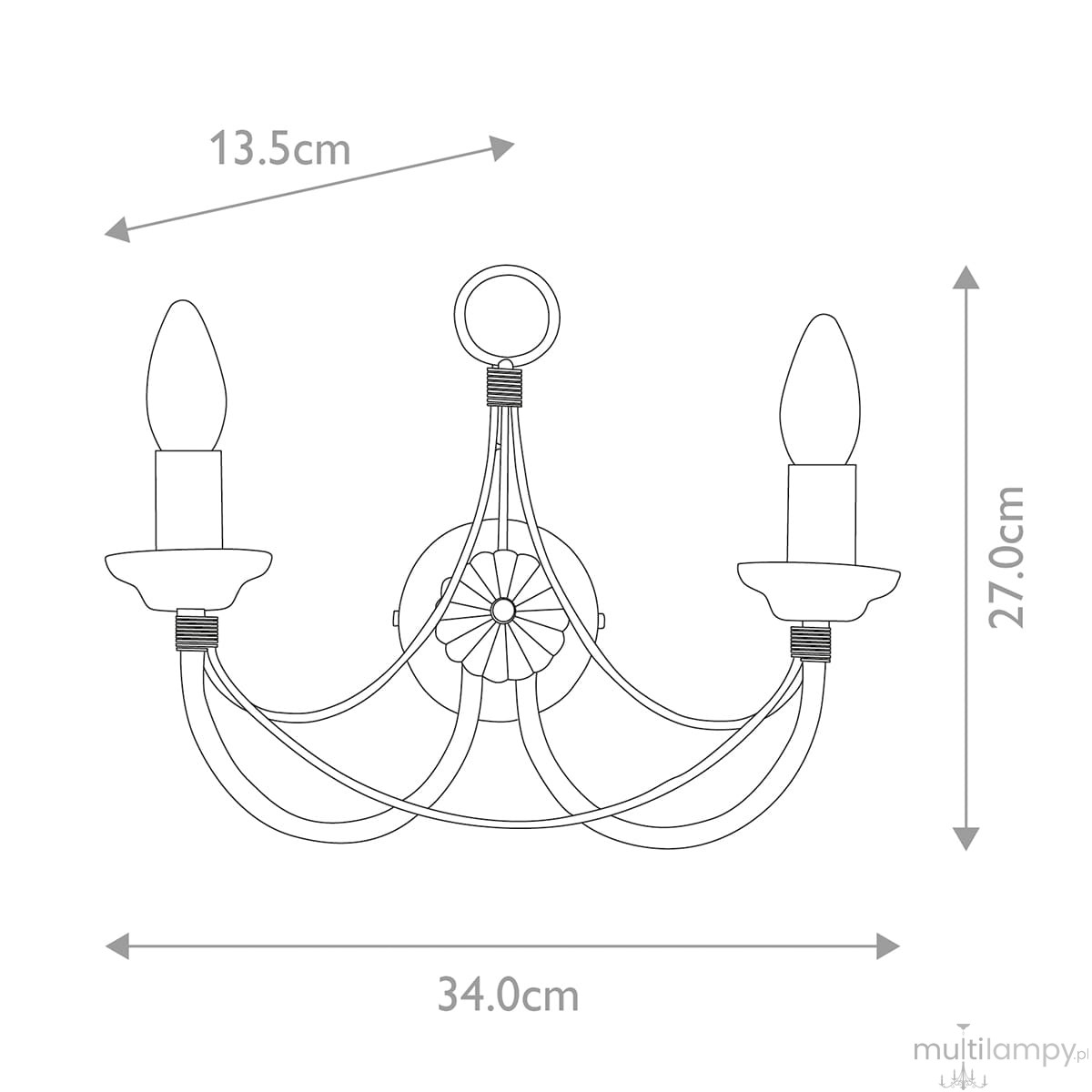 Kinkiet Carisbrooke w kolorze czarnym, z dwoma gniazdami E14. Wymiary: 34 cm szerokości, 27 cm wysokości, 13,5 cm głębokości. Stylowa konstrukcja z okrągłym mocowaniem i delikatnymi, zakrzywionymi ramionami.
