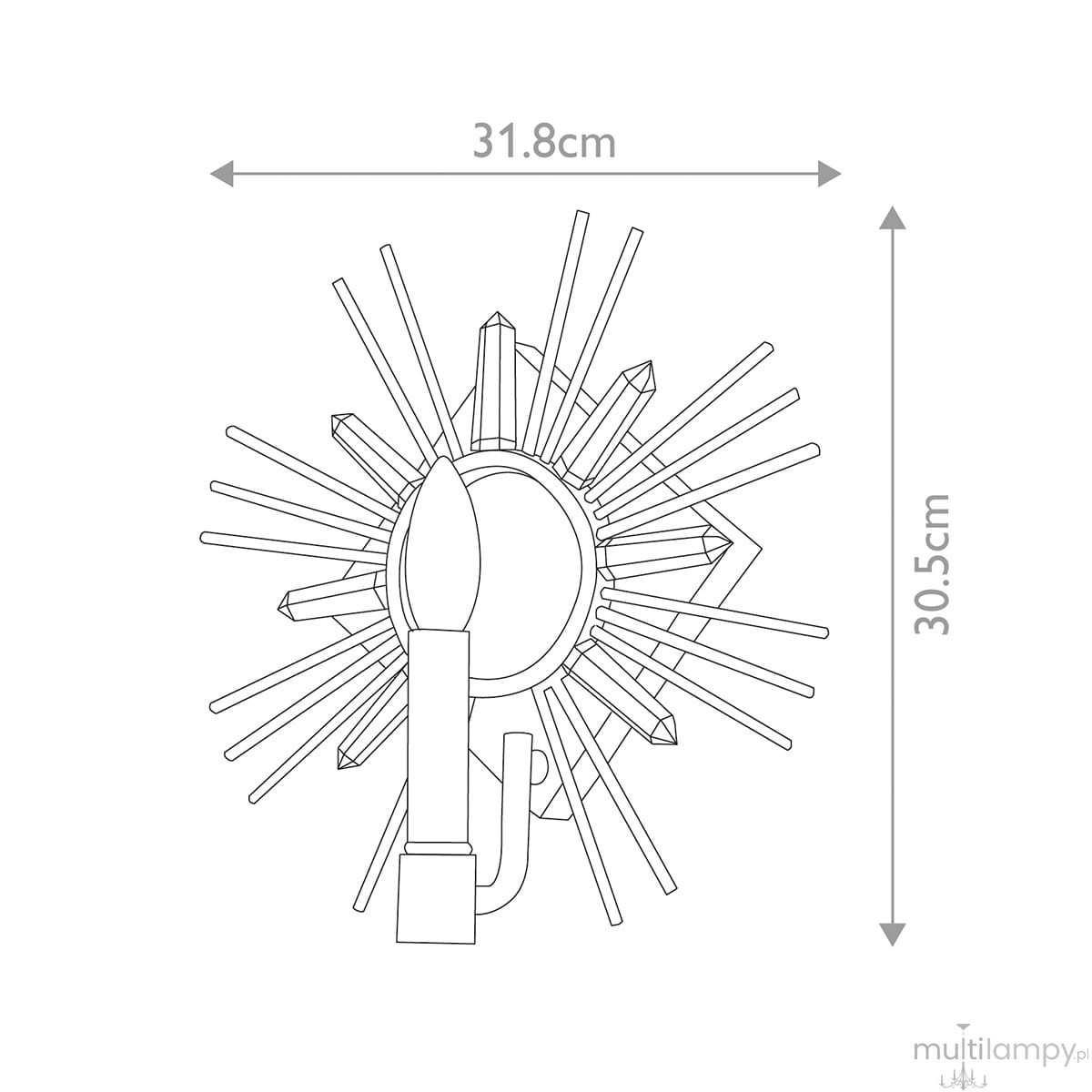 Kinkiet Sun King 1xE14 w kolorze starego złota, o wymiarach 31,8 cm szerokości i 30,5 cm wysokości. Posiada dekoracyjne promienie wychodzące z centralnej podstawy oraz miejsce na żarówkę w kształcie świecy.