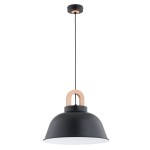 Czarna lampa wisząca Vayper z pojedynczym gniazdem E27. Okrągły klosz z matowego metalu z drewnianym elementem łączącym, zawieszona na czarnym przewodzie. Prosty design, idealna do nowoczesnych wnętrz.