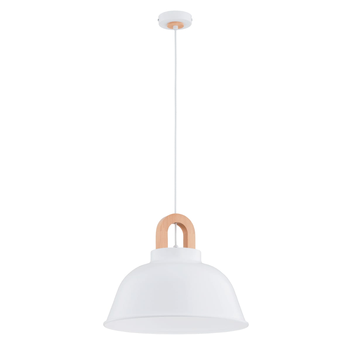 Biała lampa wisząca Vayper z jednym gniazdem E27. Okrągły klosz o matowej powierzchni, zawieszony na białym przewodzie. Drewniany element w kształcie łuku łączy klosz z sufitem. Lampa wisi w pozycji pionowej, na jasnym tle.