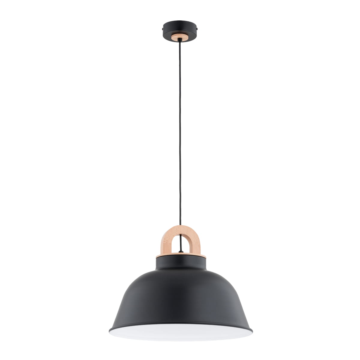 Czarna lampa wisząca Vayper Duo z oprawą E27, z metalowym kloszem o zaokrąglonym kształcie i drewnianym uchwytem. Zawieszona na czarnym przewodzie, idealna do nowoczesnych wnętrz. Wysoka funkcjonalność i minimalistyczny design.