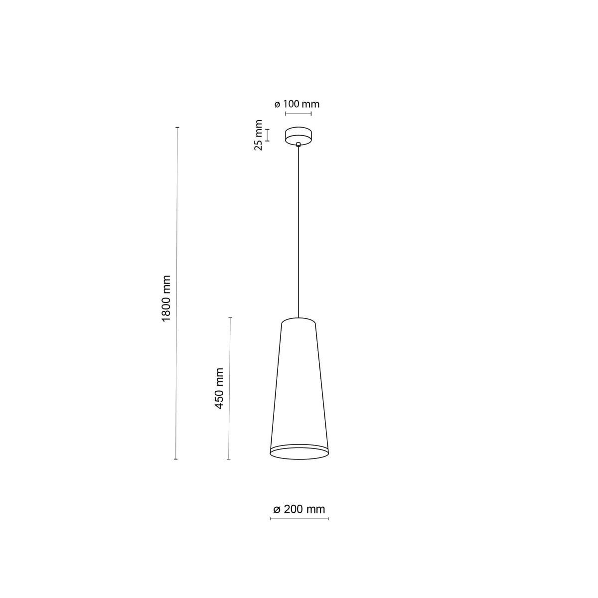 Lampa wisząca Zing w kolorze czarnym, z oprawą na jedną żarówkę E27. Kształt stożkowy, wysokość 1800 mm, średnica klosza 200 mm, średnica mocowania 100 mm. Prosta konstrukcja zawieszona na cienkim przewodzie.