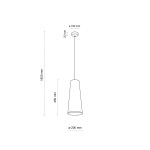 Lampa wisząca Zing w kolorze czarnym, z oprawą na jedną żarówkę E27. Kształt stożkowy, wysokość 1800 mm, średnica klosza 200 mm, średnica mocowania 100 mm. Prosta konstrukcja zawieszona na cienkim przewodzie.