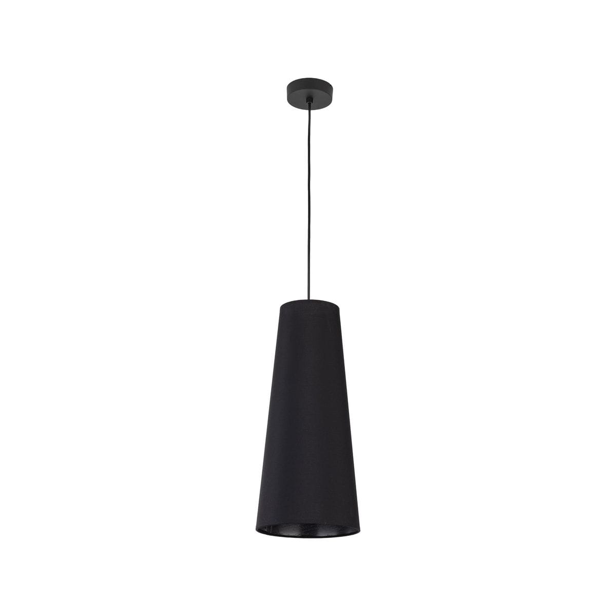 Lampa wisząca Zing w kolorze czarnym, z kloszem w kształcie stożka. Zawieszona na cienkim przewodzie, z montażem sufitowym. Przeznaczona na jedną żarówkę E27. Prosty, nowoczesny design, idealna do wnętrz.