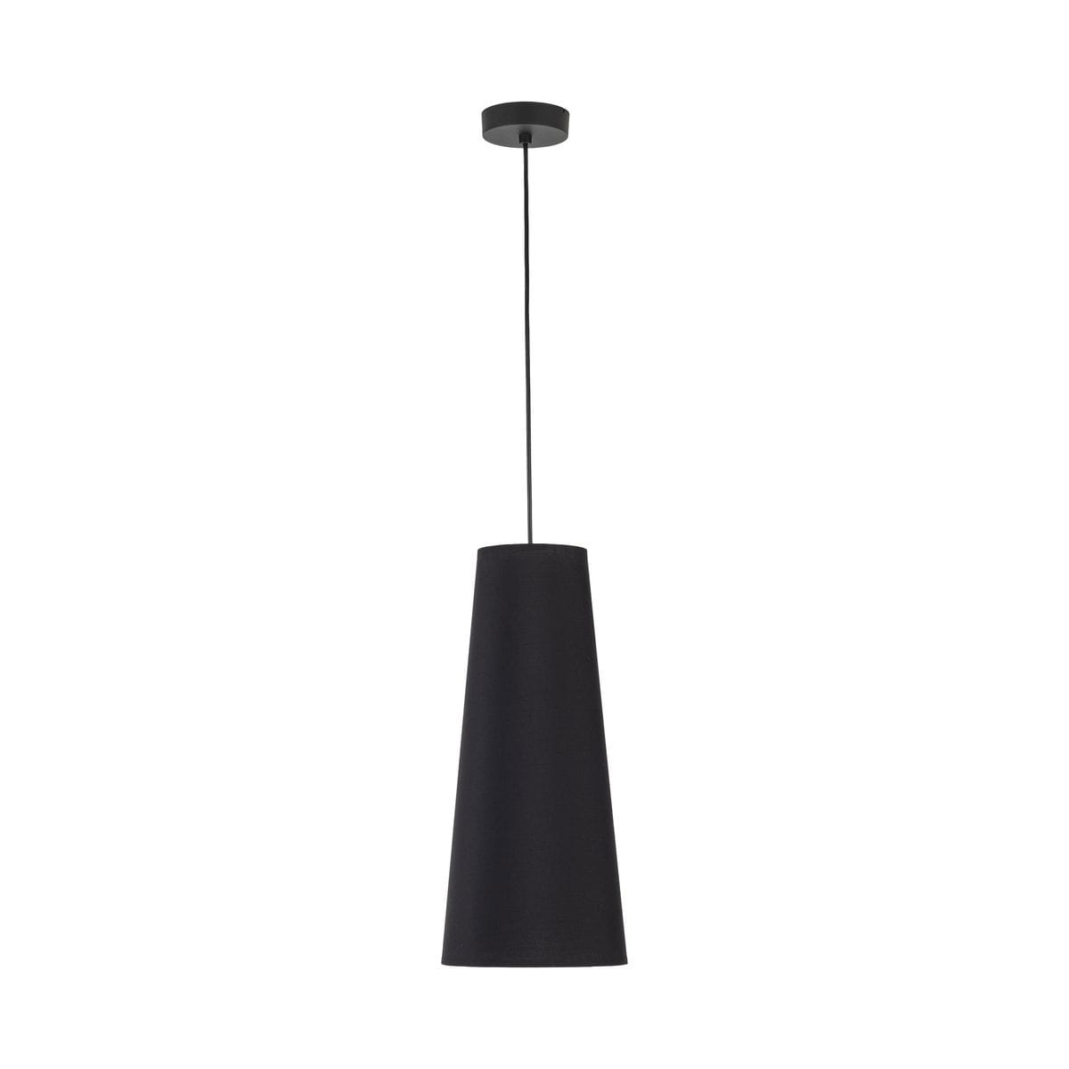 Lampa wisząca Zing w kolorze czarnym, z kloszem o stożkowym kształcie, zawieszona na cienkim przewodzie. Elementy metalowe w matowym wykończeniu. Przeznaczona na żarówkę E27. Tło białe, co podkreśla elegancki design lampy.