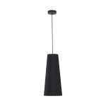 Lampa wisząca Zing w kolorze czarnym, z kloszem o stożkowym kształcie, zawieszona na cienkim przewodzie. Elementy metalowe w matowym wykończeniu. Przeznaczona na żarówkę E27. Tło białe, co podkreśla elegancki design lampy.
