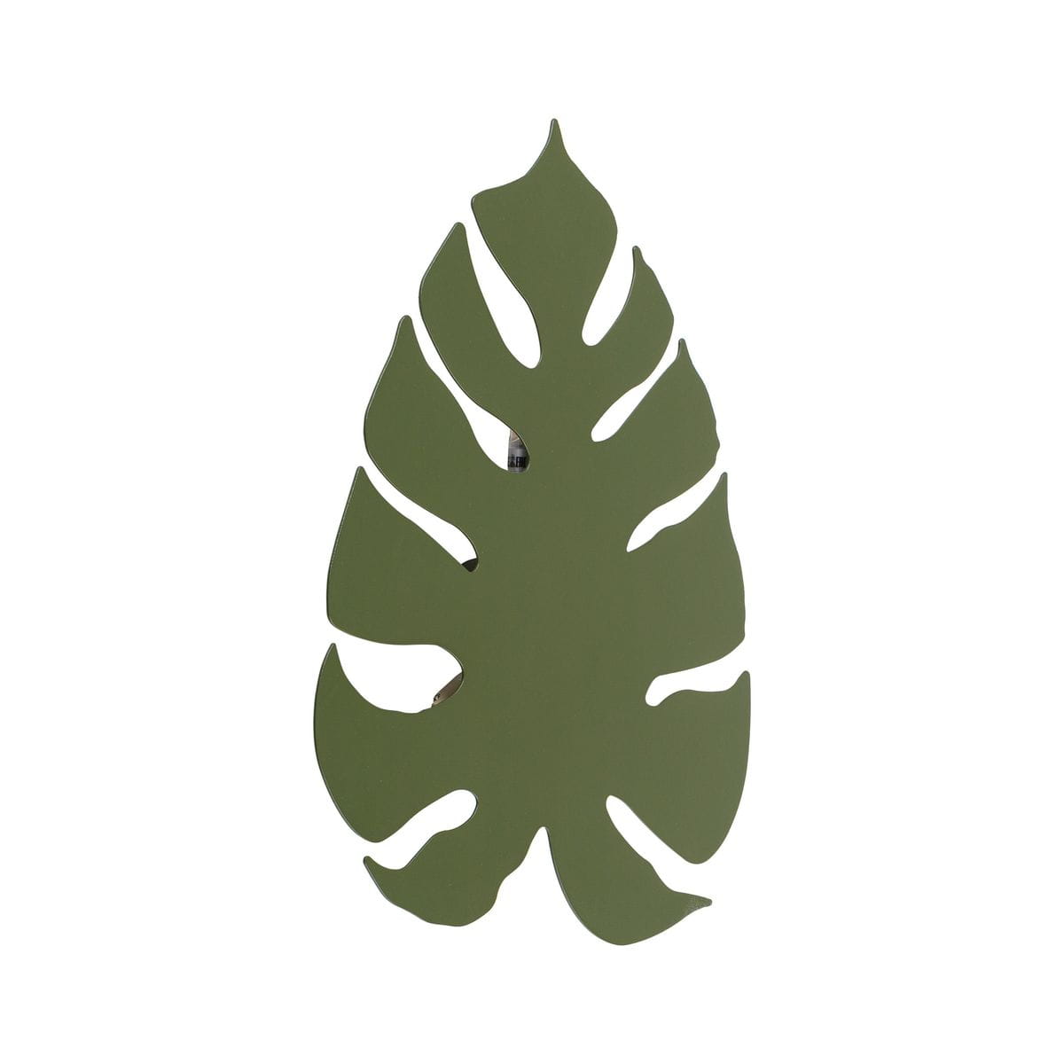 Monstera XL kinkiet w kształcie liścia, wykonany z zielonego metalu. Produkt ma wycięcia imitujące naturalne unerwienie liścia. Ujęcie frontalne, z widocznymi miejscami na cztery żarówki G9. Tło proste, białe.