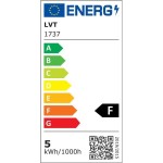 Energetyczna etykieta żarówki LED G9, oznaczenie F. Zawiera informacje o zużyciu energii 5 kWh/1000h oraz klasyfikację od A do G. Niebieskie logo EU na górze, z zielonymi, żółtymi i czerwonymi strzałkami wskazującymi różne klasy efektywności.