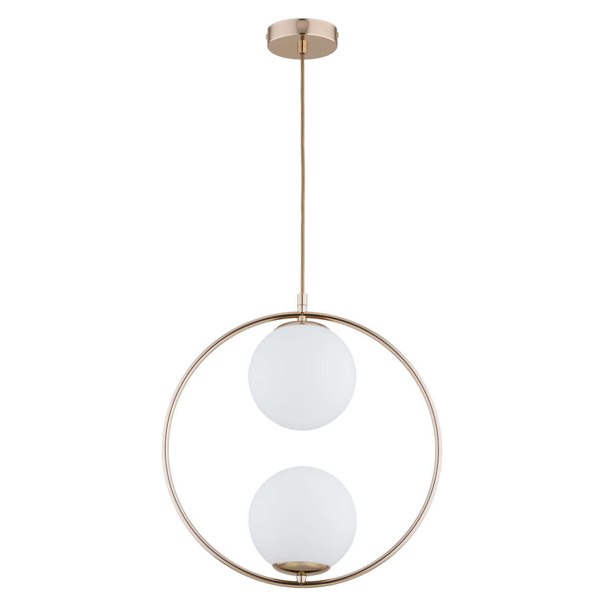 Lampa wisząca Avia 2xE14 w kolorze antycznego złota z białymi kloszami. Okrągła konstrukcja z dwoma półprzezroczystymi kulami, zawieszona na cienkim przewodzie. Prosta forma idealna do nowoczesnych wnętrz.