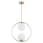 Lampa wisząca Avia 2xE14 w kolorze antycznego złota z białymi kloszami. Okrągła konstrukcja z dwoma półprzezroczystymi kulami, zawieszona na cienkim przewodzie. Prosta forma idealna do nowoczesnych wnętrz.