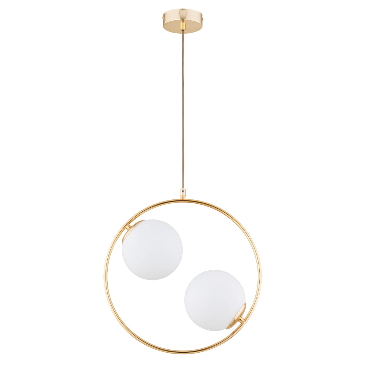 Lampa wisząca Avia z dwoma białymi, okrągłymi kloszami w złotej metalowej ramie. Długa linka zawieszająca, sufitowy uchwyt w kolorze złotym. Minimalistyczny design, idealna do nowoczesnych wnętrz.