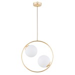 Lampa wisząca Avia z dwoma białymi, okrągłymi kloszami w złotej metalowej ramie. Długa linka zawieszająca, sufitowy uchwyt w kolorze złotym. Minimalistyczny design, idealna do nowoczesnych wnętrz.