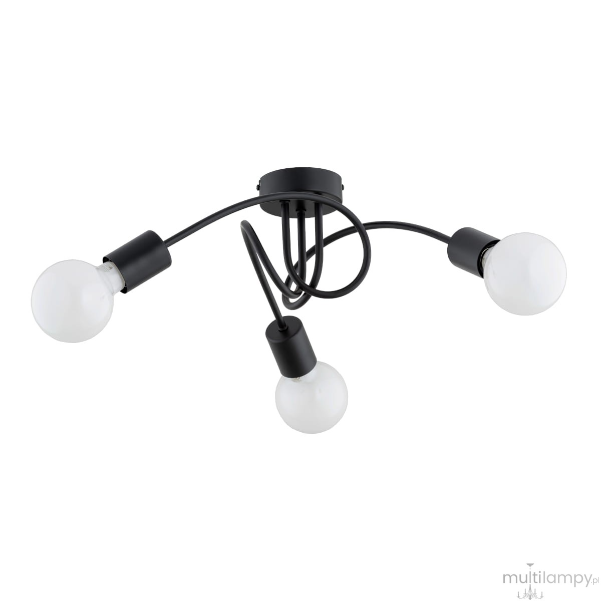 Czarna lampa sufitowa Farta z trzema oprawami E27, z metalowym stelażem i zakrzywionymi ramionami. Żarówki w białych kloszach, zamontowana na okrągłym mocowaniu. Ujęcie z dołu, ukazujące układ ramion i źródła światła.