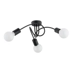 Czarna lampa sufitowa Farta z trzema oprawami E27, z metalowym stelażem i zakrzywionymi ramionami. Żarówki w białych kloszach, zamontowana na okrągłym mocowaniu. Ujęcie z dołu, ukazujące układ ramion i źródła światła.