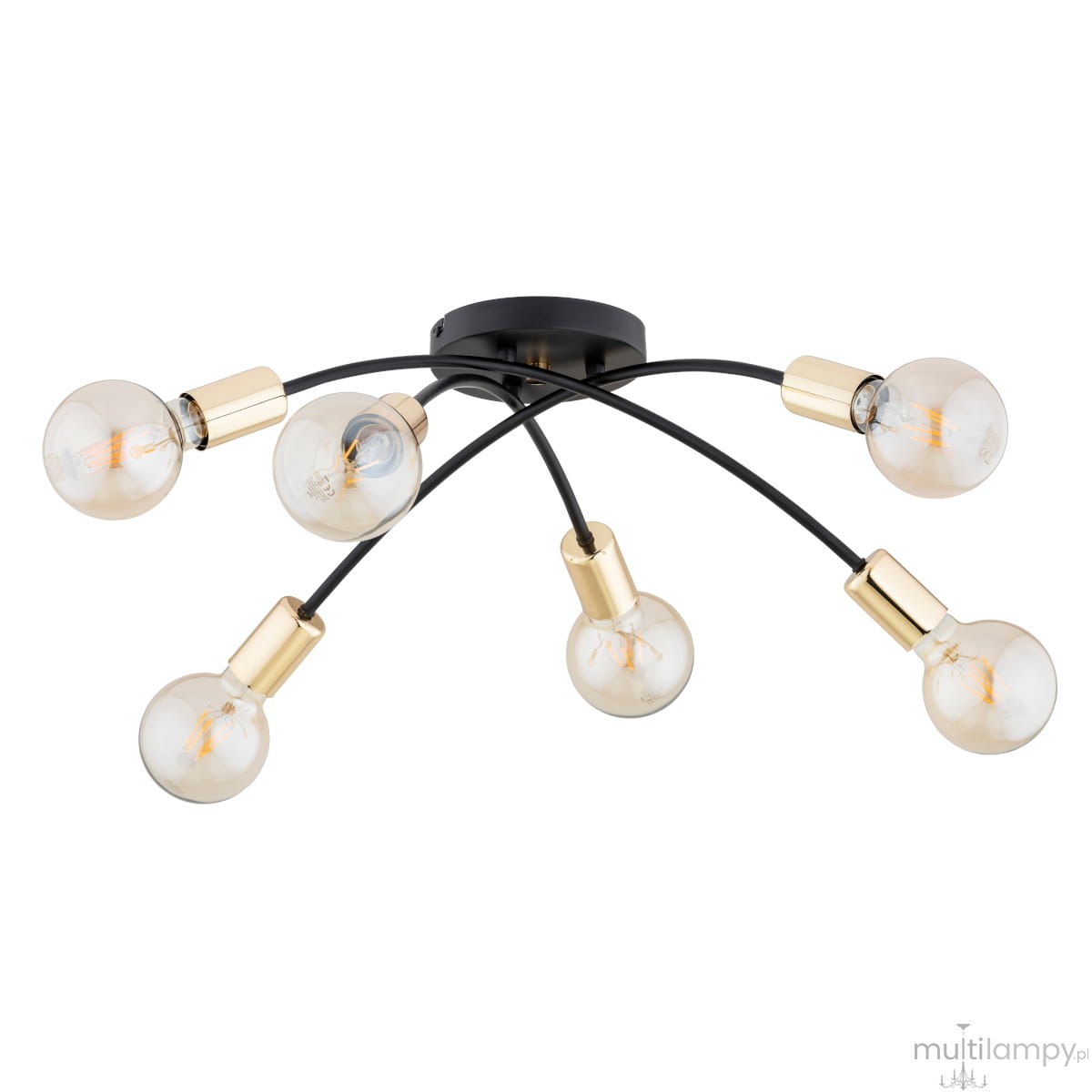 Lensi Mix lampa sufitowa z sześcioma żarówkami E27, czarną podstawą i złotymi detalami. Ułożona w formie rozpostartych ramion, z przezroczystymi kloszami, w stylu nowoczesnym. Idealna do wnętrz.