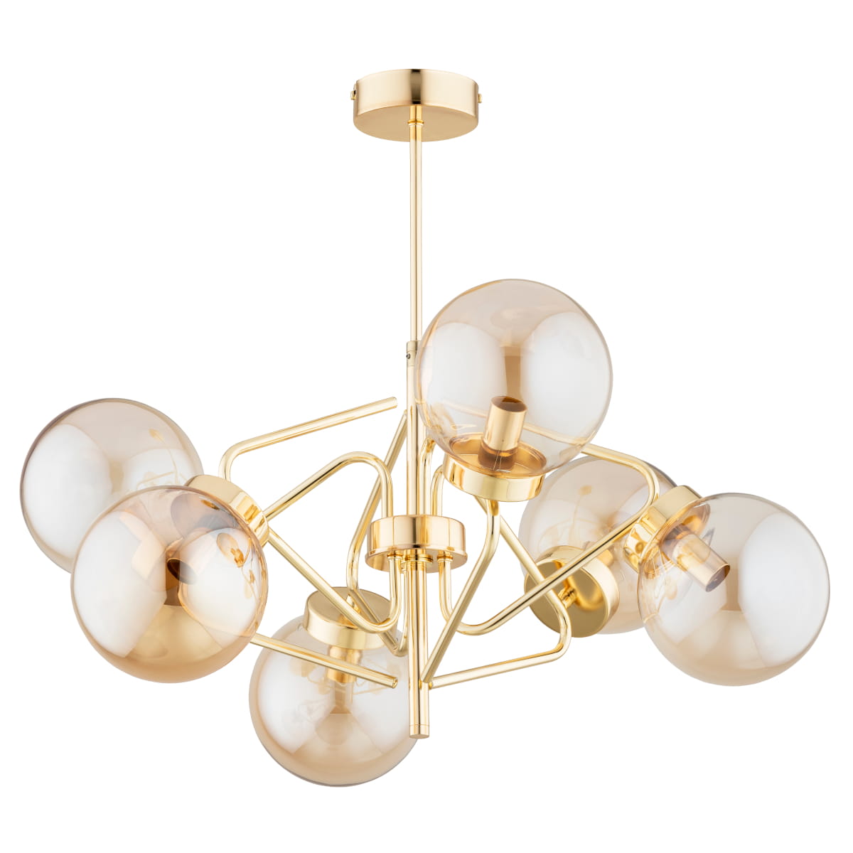 Lampa wisząca Barsum Mix z sześcioma kloszami E14 w złotej oprawie. Klosze w kształcie kul, wykonane z przezroczystego szkła, zamocowane na cienkich, złotych ramionach. Produkt zawieszony na smukłym stelażu.