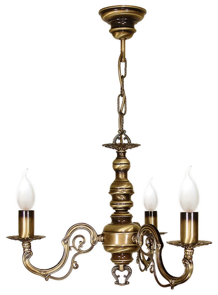 Żyrandol świecznikowy Antares w kolorze patyny, z trzema ramionami na żarówki E14. Ozdobne detale w kształcie spirali oraz eleganckie uchwyty na świeczki. Wisi na łańcuchu, idealny do klasycznych wnętrz.