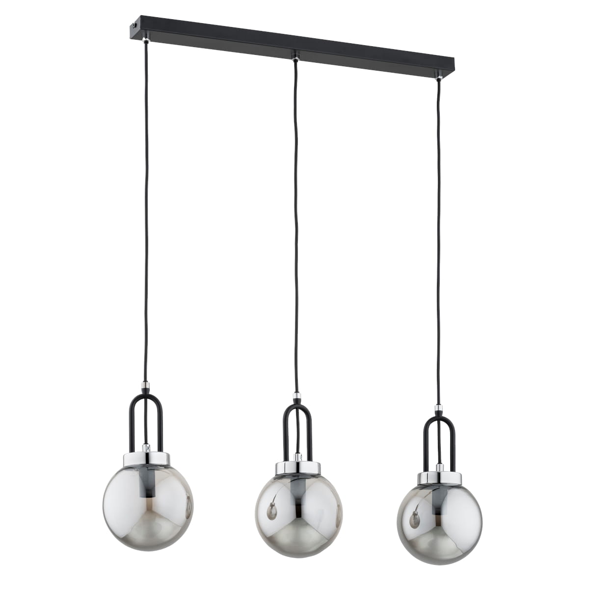 Lampa wisząca Atori z trzema kloszami E14 w kolorze czarnym i chromowanym. Klosze mają okrągły kształt i lustrzaną powierzchnię, zawieszone na czarnych przewodach. Montaż na prostokątnej podstawie sufitowej.
