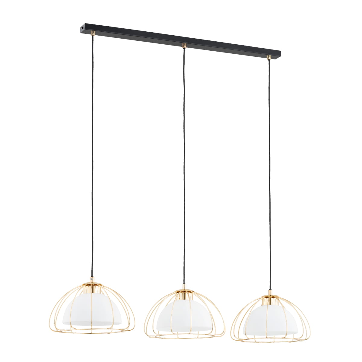 Lampa wisząca Nersy z trzema kloszami E27, w kolorze czarnym i złotym. Klosze w kształcie półkul, osadzone w złotej metalowej siatce, zwieszają się na czarnych linkach z prostokątnym mocowaniem sufitowym.