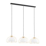 Lampa wisząca Nersy z trzema kloszami E27, w kolorze czarnym i złotym. Klosze w kształcie półkul, osadzone w złotej metalowej siatce, zwieszają się na czarnych linkach z prostokątnym mocowaniem sufitowym.