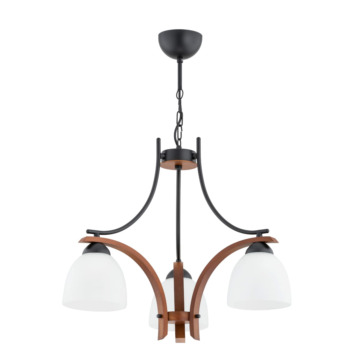 Lampa wisząca Bafia Mix z trzema kloszami E27 w kolorze czarnym i orzechowym. Kształt zaokrąglony, metalowa konstrukcja z drewnianymi akcentami. Klosze z matowego szkła, umieszczone na łukowatych ramionach, zawieszone na łańcuchu.