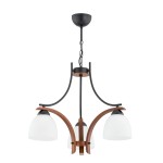 Lampa wisząca Bafia Mix z trzema kloszami E27 w kolorze czarnym i orzechowym. Kształt zaokrąglony, metalowa konstrukcja z drewnianymi akcentami. Klosze z matowego szkła, umieszczone na łukowatych ramionach, zawieszone na łańcuchu.