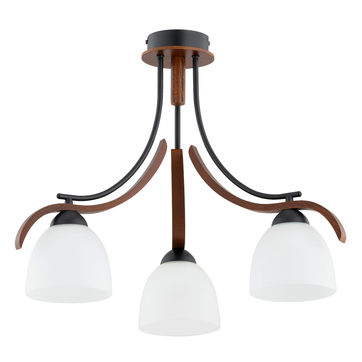 Lampa wisząca Bafia Bis z trzema kloszami E27. Czarna metalowa konstrukcja z orzechowymi elementami drewnianymi. Klosze w kształcie półkul, wykonane z matowego szkła. Ujęcie frontalne z widocznymi detalami mocowania i kształtu.