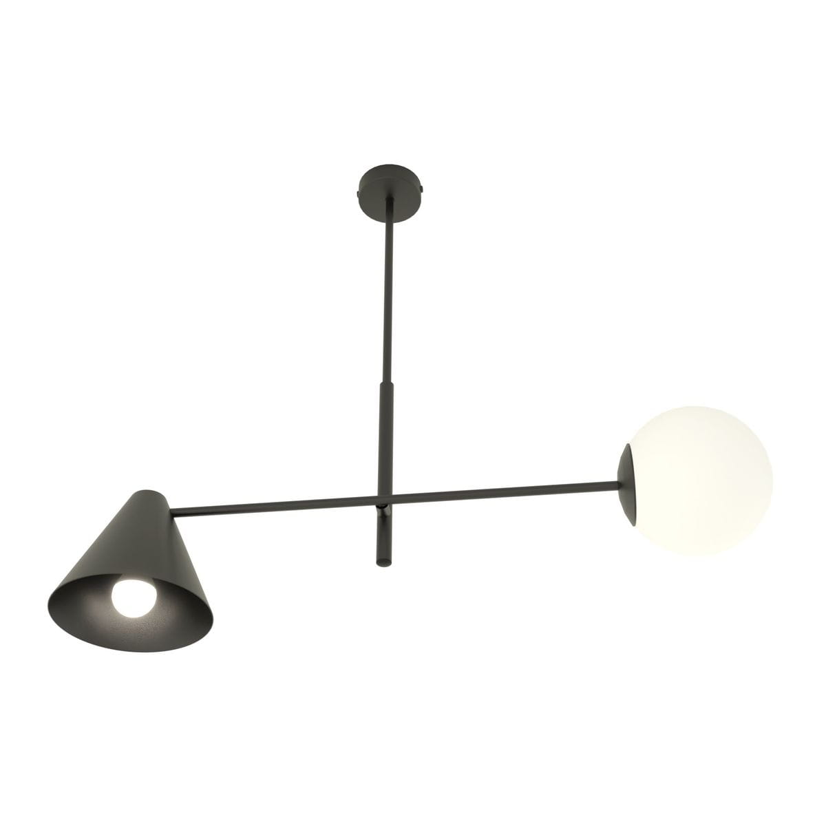 Lampa wisząca Hermes w kolorze czarnym, z metalowym kloszem stożkowym i okrągłym, matowym kloszem szklanym. Ujęcie z góry, zawieszona na długim przewodzie. Oświetlenie z dwoma źródłami światła: E27 i E14. Prosty design, idealna do nowoczesnych wnętrz.