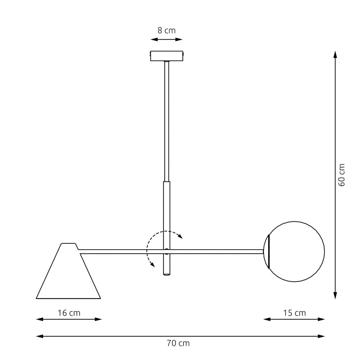 Lampa wisząca Hermes w kolorze czarnym, z 1 gniazdem E27 i 1 E14. Posiada geometryczny kształt z trójkątną podstawą i okrągłym kloszem. Wymiary: długość 70 cm, wysokość 60 cm, szerokość 15 cm, podstawa 16 cm. Zawieszona na cienkim drucie.
