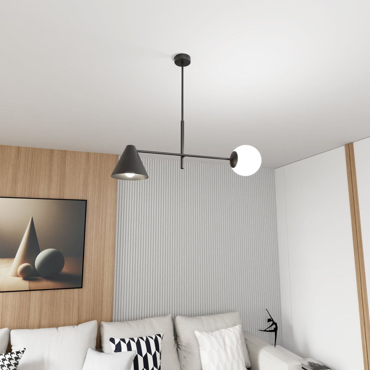 Lampa wisząca Hermes w kolorze czarnym, z jednym kloszem w formie stożka oraz jednym okrągłym. Ujęcie z góry, ukazujące montaż na suficie w nowoczesnym wnętrzu z drewnianą ścianą i jasną sofą. Wymiary i detale kształtów kloszy są widoczne.