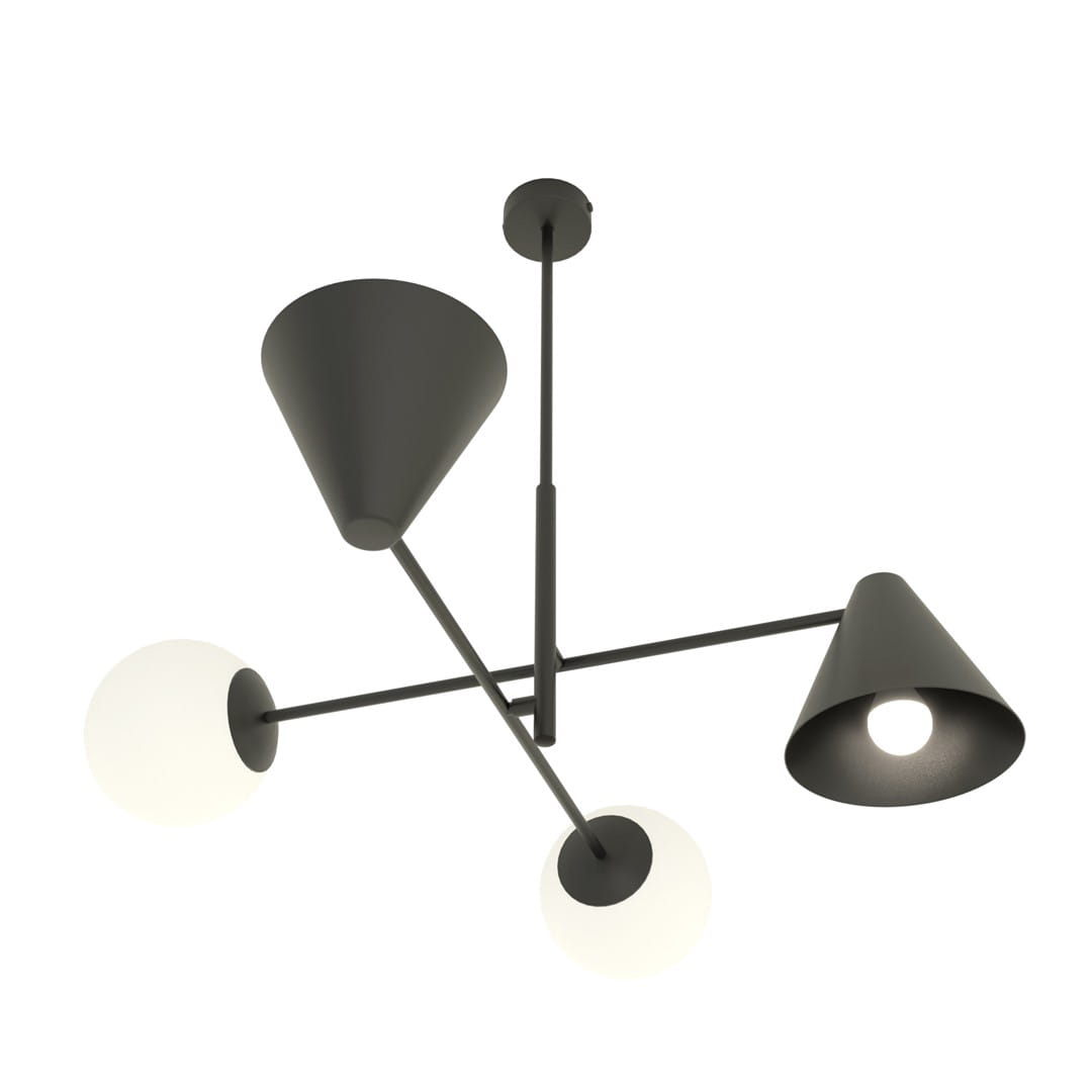 Lampa wisząca Hermes w kolorze czarnym, z dwiema żarówkami E27 i dwiema E14. Posiada trzy klosze w kształcie stożków oraz dwie okrągłe, białe oprawy. Ujęcie z dołu, ukazujące detal konstrukcji oraz rozmieszczenie źródeł światła.