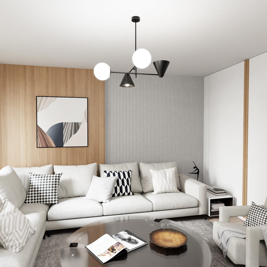 Lampa wisząca Hermes w kolorze czarnym z dwoma źródłami E27 i dwoma E14. Posiada trzy klosze: dwa białe okrągłe i jeden czarny stożkowy, zawieszona na cienkim, czarnym przewodzie. Umieszczona w nowoczesnym wnętrzu z jasnym sofą i drewnianą ścianą.