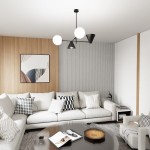 Lampa wisząca Hermes w kolorze czarnym z dwoma źródłami E27 i dwoma E14. Posiada trzy klosze: dwa białe okrągłe i jeden czarny stożkowy, zawieszona na cienkim, czarnym przewodzie. Umieszczona w nowoczesnym wnętrzu z jasnym sofą i drewnianą ścianą.
