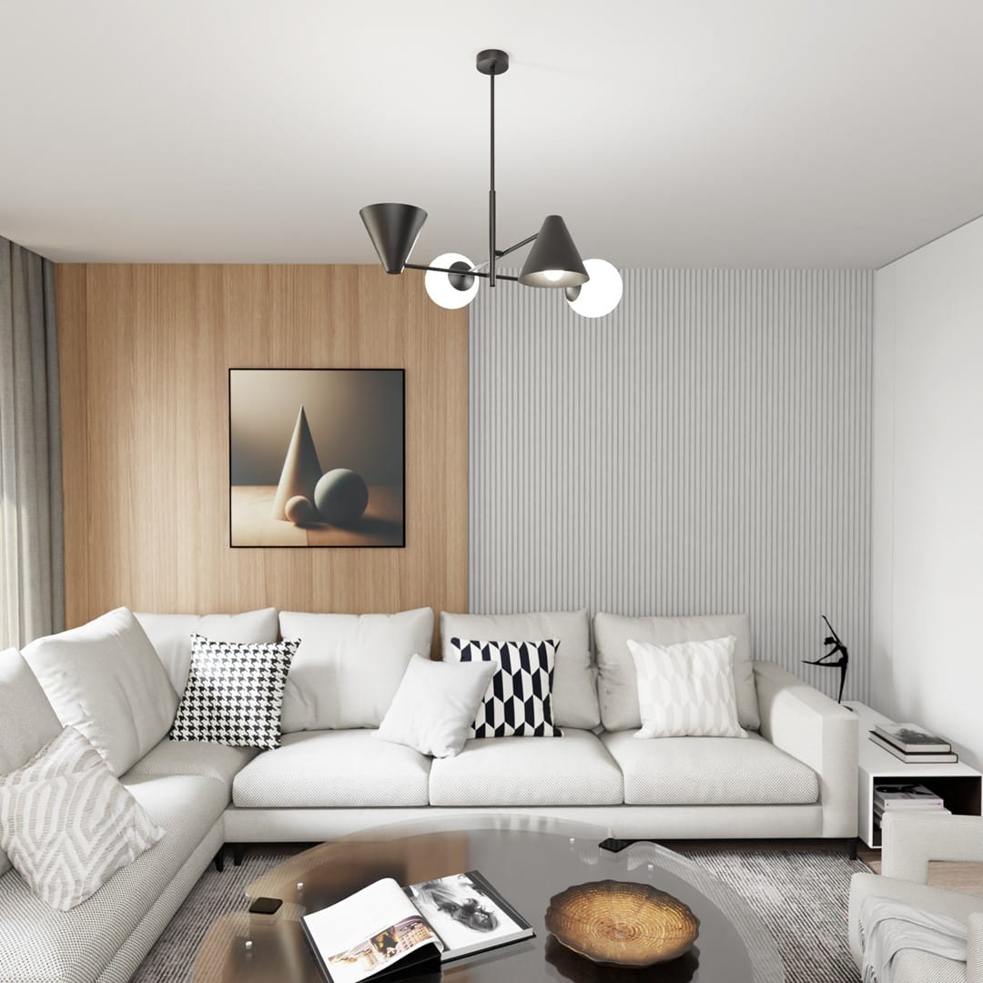 Lampa wisząca Hermes w kolorze czarnym z dwoma kloszami E27 i dwoma E14, umieszczona na suficie. Posiada nowoczesny, minimalistyczny design z trójkątnymi kloszami, w otoczeniu jasnego wnętrza z kanapą i dekoracjami.