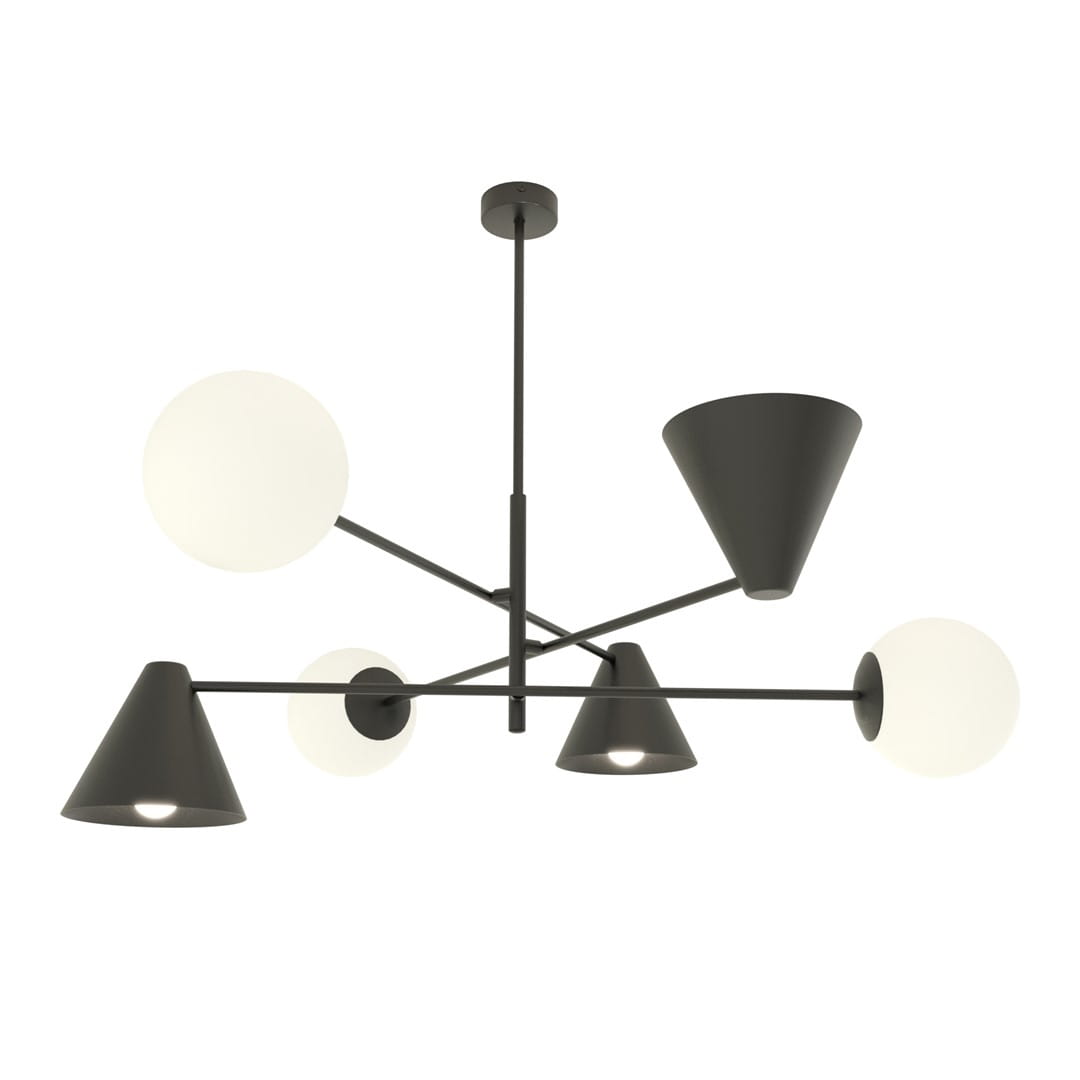 Lampa wisząca Hermes w kolorze czarnym, o nowoczesnym designie, z trzema kloszami w kształcie stożków oraz trzema okrągłymi kulami. Umożliwia montaż źródeł światła E27 i E14. Produkt prezentowany w ujęciu frontalnym, zawieszony na suficie.