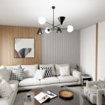 Lampa wisząca Hermes z trzema kloszami E27 i trzema E14, w kolorze czarnym. Zawieszona na cienkim, minimalistycznym stelażu, z białymi kulami i stożkowymi czarnymi kloszami. Umieszczona w nowoczesnym wnętrzu, nad szarym stolikiem i kanapą.