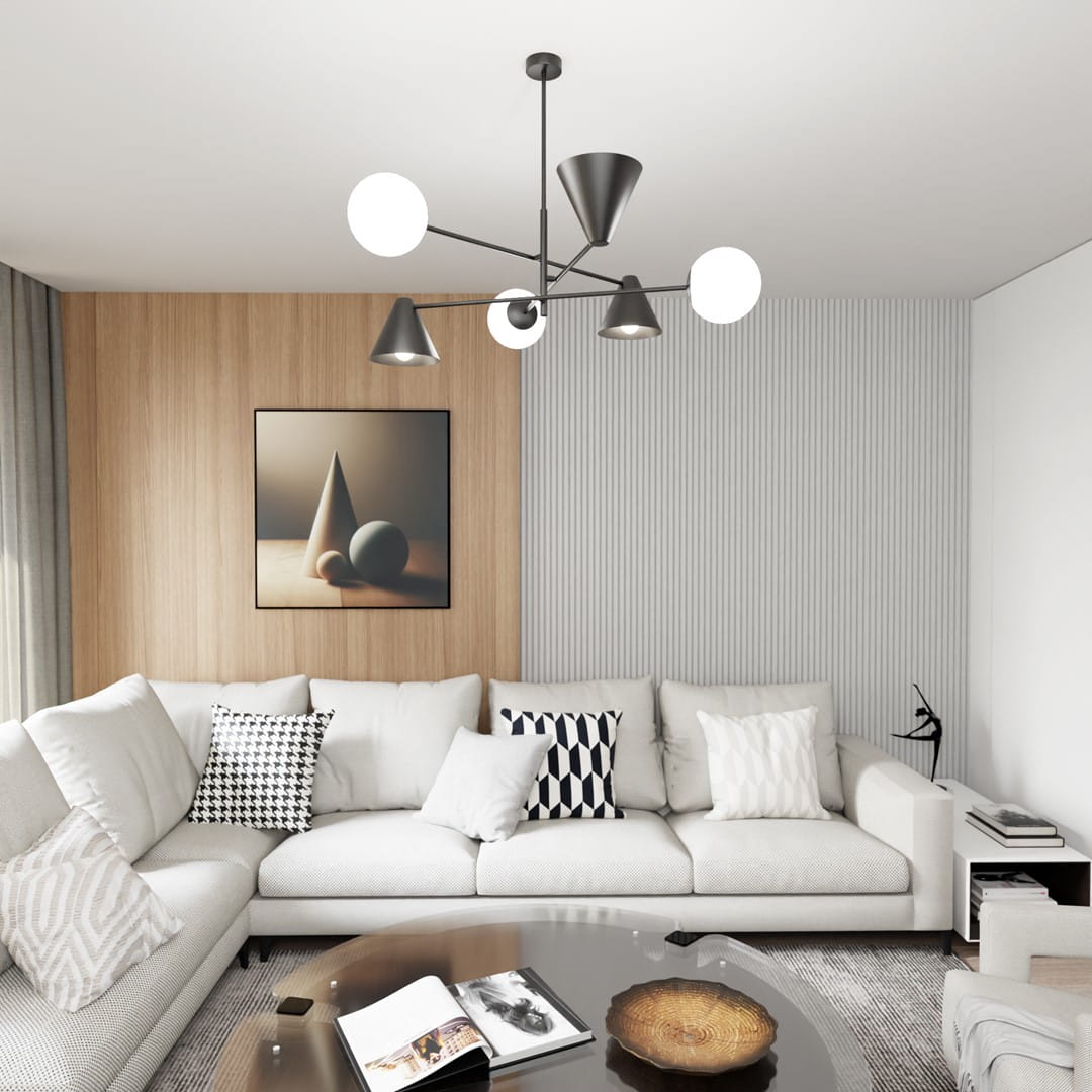 Lampa wisząca Hermes w kolorze czarnym z trzema oprawami E27 i trzema E14, o nowoczesnym, geometrycznym kształcie. Zawieszona w minimalistycznym wnętrzu, na tle jasnej ściany z drewnianymi akcentami i sofą w odcieniach bieli.