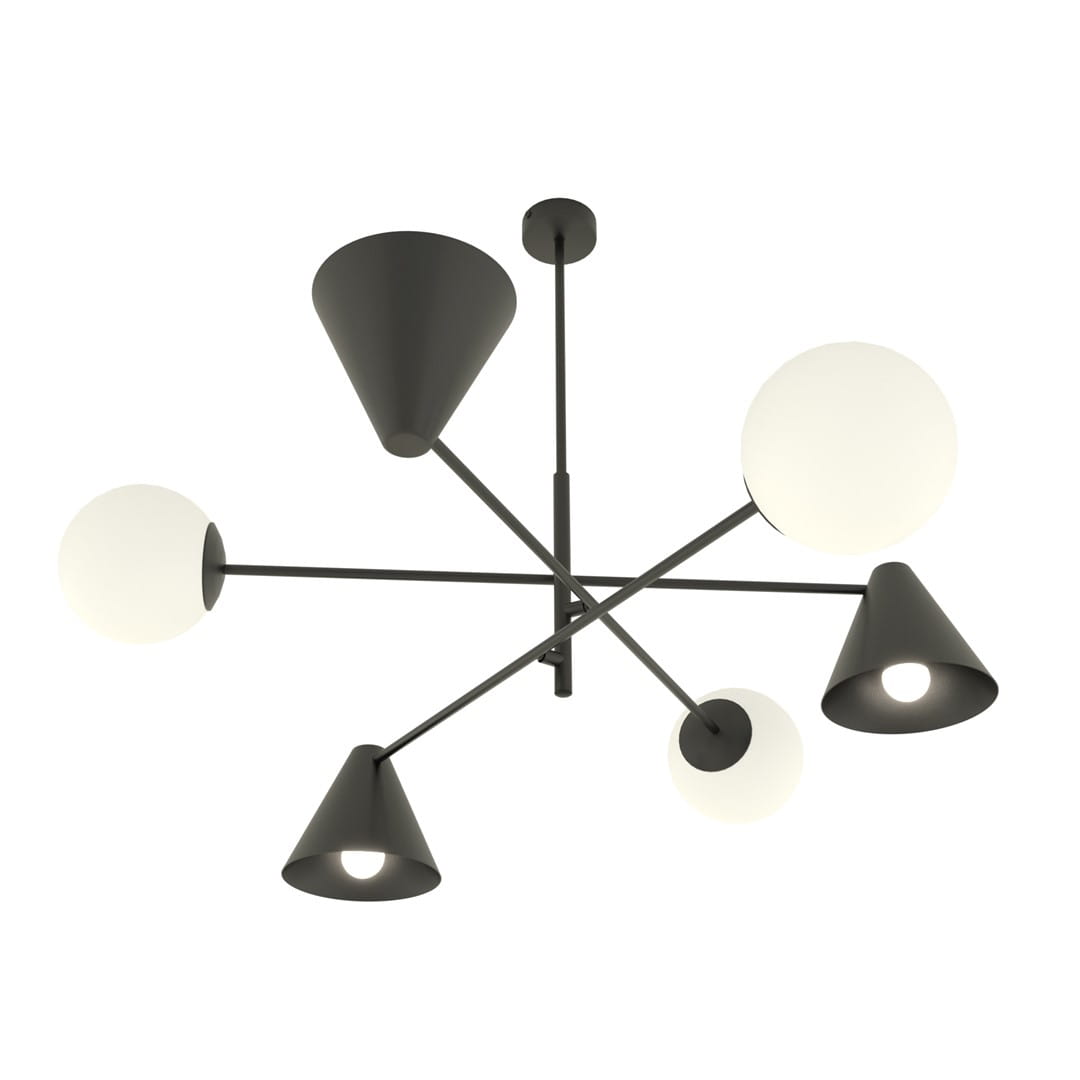 Lampa wisząca Hermes z trzema kloszami E27 i trzema E14 w kolorze czarnym. Posiada asymetryczny układ ramion, z białymi i czarnymi kloszami w kształcie stożków i kul. Montowana sufitowo, idealna do nowoczesnych wnętrz.