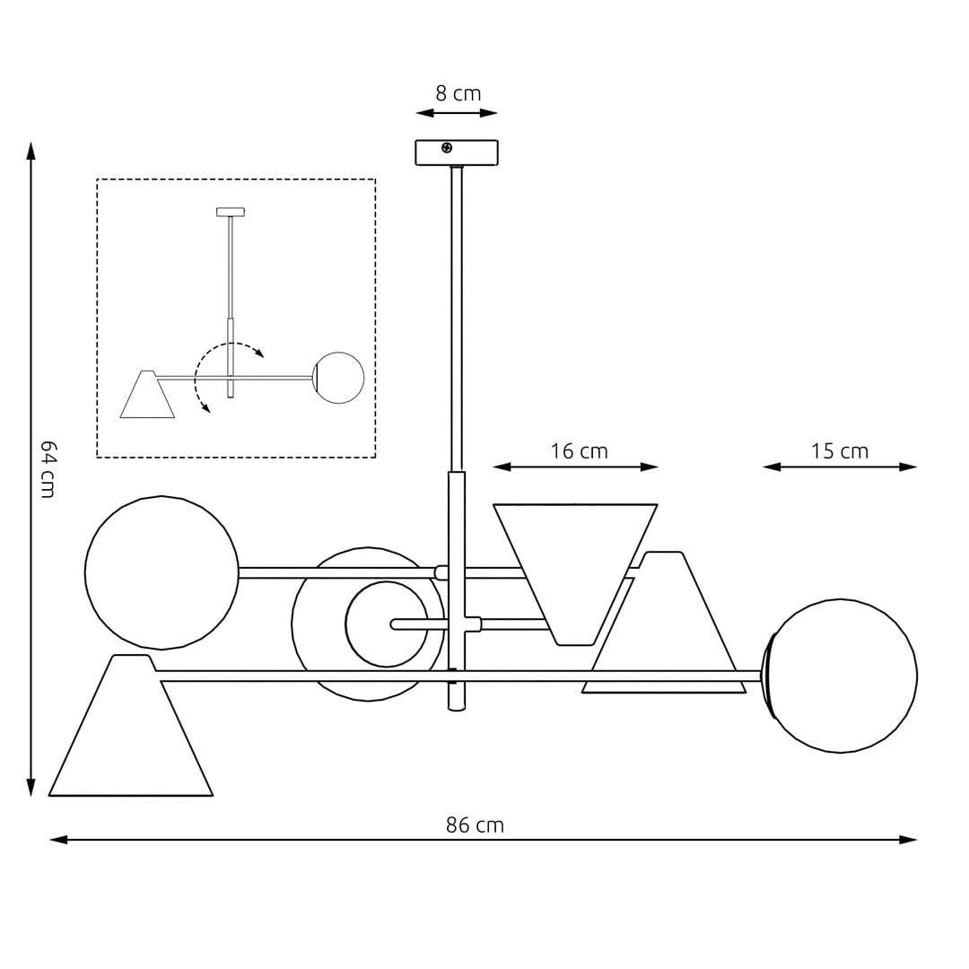 Lampa wisząca Hermes, czarna, z trzema oprawkami E27 i trzema E14. Geometryczny kształt z kulami i stożkami, wymiary 86 cm szerokości, 64 cm wysokości. Umożliwia różnorodne aranżacje świetlne. Idealna do nowoczesnych wnętrz.