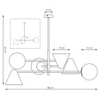 Lampa wisząca Hermes, czarna, z trzema oprawkami E27 i trzema E14. Geometryczny kształt z kulami i stożkami, wymiary 86 cm szerokości, 64 cm wysokości. Umożliwia różnorodne aranżacje świetlne. Idealna do nowoczesnych wnętrz.