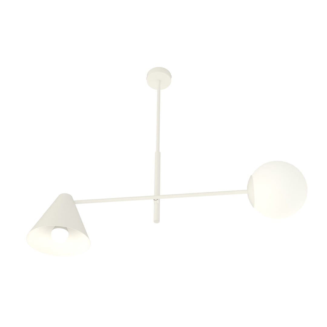 Lampa wisząca Hermes w kolorze białym z dwoma źródłami światła: jeden klosz w kształcie stożka i jeden w formie kuli. Produkt zawieszony na cienkim stelażu, z zamontowanym mocowaniem sufitowym. Prosta, nowoczesna forma.