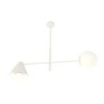 Lampa wisząca Hermes w kolorze białym z dwoma źródłami światła: jeden klosz w kształcie stożka i jeden w formie kuli. Produkt zawieszony na cienkim stelażu, z zamontowanym mocowaniem sufitowym. Prosta, nowoczesna forma.