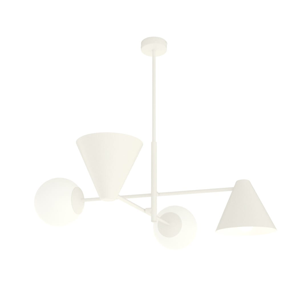 Lampa wisząca Hermes w kolorze białym z dwoma kloszami w kształcie kuli oraz jednym stożkowym. Umożliwia użycie dwóch źródeł światła E27 i dwóch E14. Zawieszona na cienkim, białym przewodzie, idealna do nowoczesnych wnętrz.