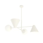 Lampa wisząca Hermes w kolorze białym z dwoma kloszami w kształcie kuli oraz jednym stożkowym. Umożliwia użycie dwóch źródeł światła E27 i dwóch E14. Zawieszona na cienkim, białym przewodzie, idealna do nowoczesnych wnętrz.